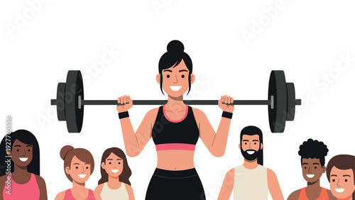 group of diverse people attending fitness class with woman lifting barbell in flat hand drawn style