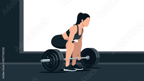woman lifting heavy barbell performing deadlift exercise flat fitness illustration