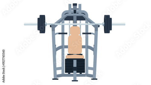 front view of weight lifting bench with barbell and weight plates in flat style gym equipment