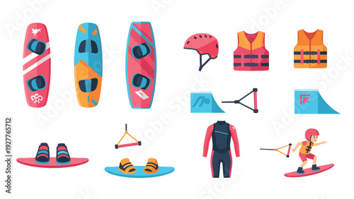 wakeboarding gear collection with boards helmet life jackets wetsuit and handle in colorful hand drawn style