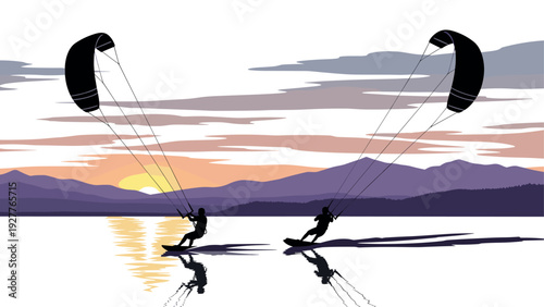 silhouette of two people kite surfing on the lake at sunset with mountain background in digital vector art