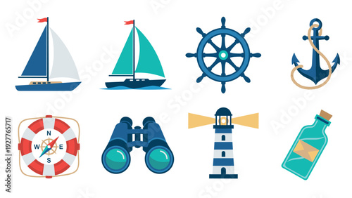 nautical icon set of sailboats lighthouse anchor and marine equipment in flat style