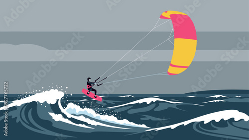 person kiteboarding on rough ocean waves with colorful kite hand drawn illustration