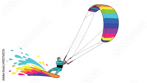 kitesurfer riding waves with colorful kite and splash in hand drawn style