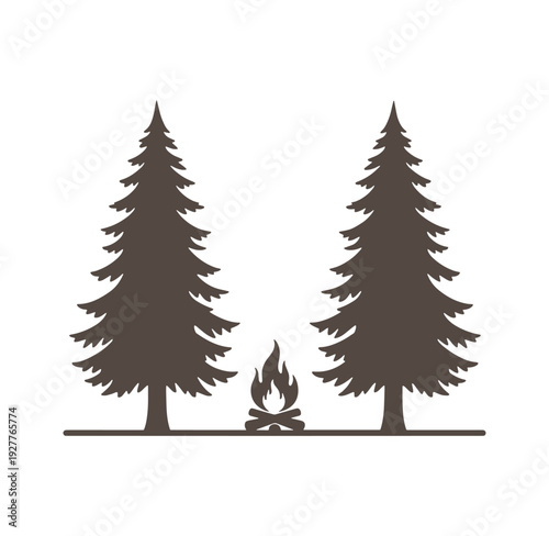 Brown silhouette of two pine trees and a campfire in the woods at night isolated on white background