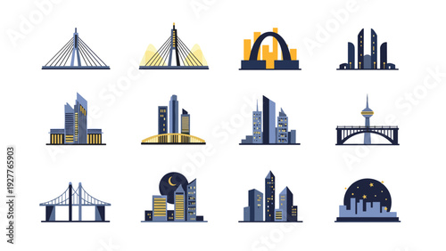 collection of modern city skyline and bridge icons set in flat style for urban design