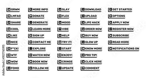 Social media engagement rectangle UI web button pack. Online shop marketing phrases. Website blog reactions. Black and white clickable bold elements collection. CTA for streaming. Rubik font used