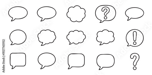 Speech bubble outline collection with various shapes and symbols including question and exclamation marks