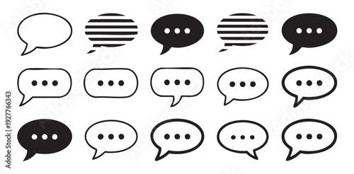 Messaging icon collection with ellipses dots inside various speech bubble shapes and patterns for chat