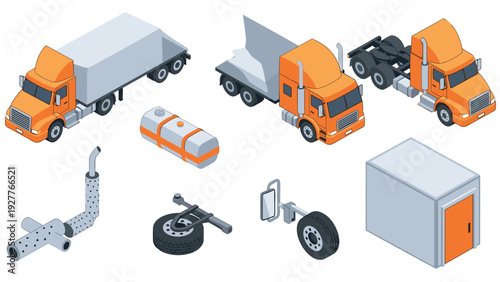 set of orange truck and trailer isometric illustrations with parts and container in flat style