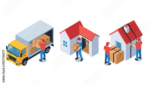 isometric delivery and moving service people carrying boxes from truck to house in flat design