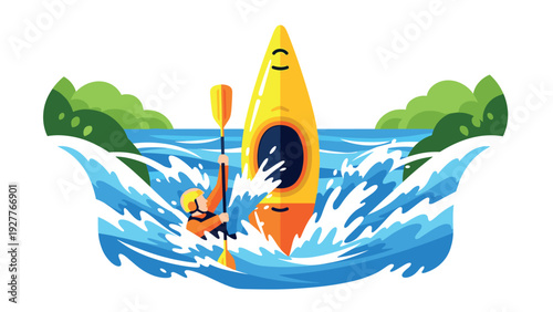 kayaker capsizing yellow kayak in splashing water surrounded by green riverside nature illustration