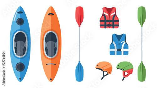 set of colorful kayaks paddles life jackets and helmets flat vector illustrations for water sports