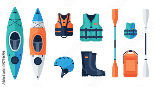 set of kayaking equipment with kayak boats paddles life vests helmet and boots flat style