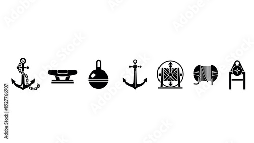 set of nautical and maritime black icons including anchors buoy cleat winch and pulley in simple silhouette style