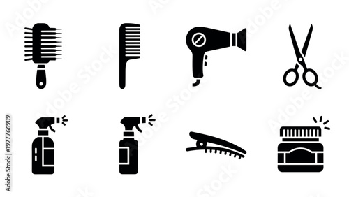 set of hair styling tools icons in black silhouette including brush comb dryer scissors spray clip and cream container