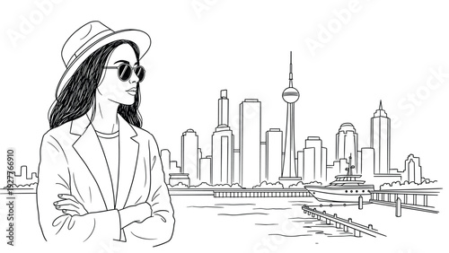 woman wearing sunglasses and hat in hand drawn line art with urban city skyline and yacht in background
