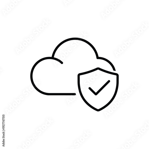 Cloud services security icon black and white vector illustration of protected data storage with shield and check mark