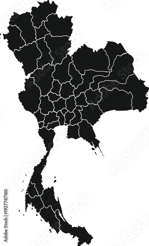 Tableau sur toile Detailed black silhouette map of Thailand with administrative provincial borders and regional divisions isolated on a plain white background for design