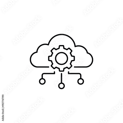 Cloud services icon with gear and network connections simple black and white vector illustration