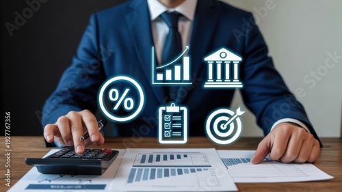 Financial analysis and business strategy concept with businessman working on reports and icons.