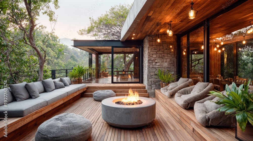 Fototapeta premium Modern outdoor living space with a fire pit and comfortable seating overlooking a lush forest