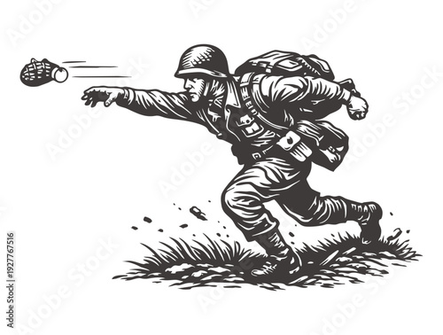 Brave soldier throwing a hand grenade while running in combat.