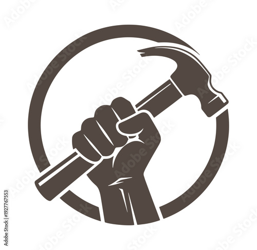 hand holding hammer in circle symbol for labor or construction