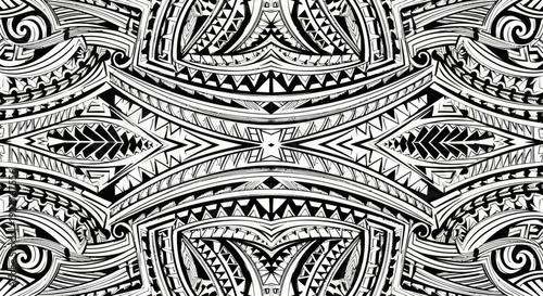Ornate symmetrical Polynesian tribal pattern in black and white graphic design