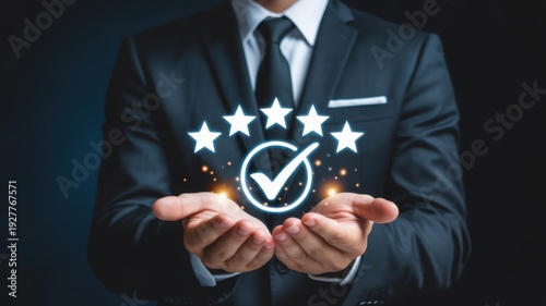 Businessman showing five stars rating and check mark for quality assurance and customer satisfaction service concept