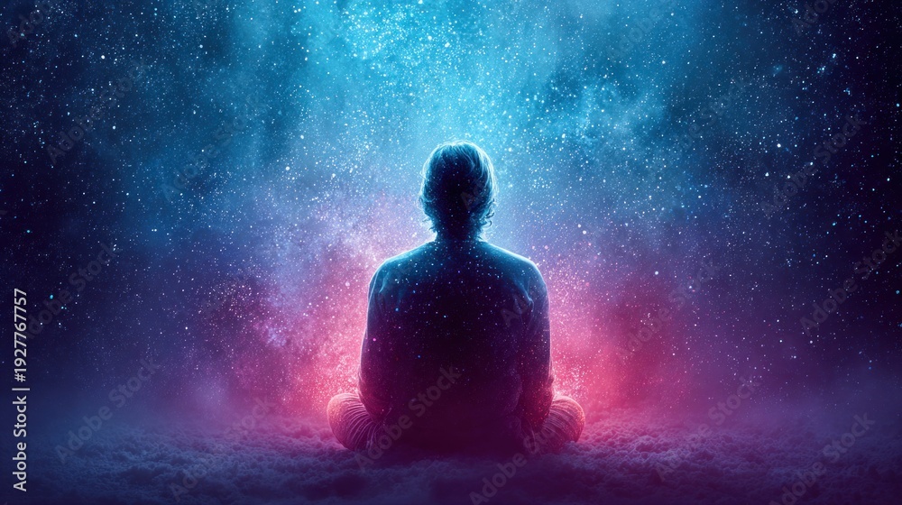 Fototapeta premium Person meditating in a cosmic nebula with stars and galaxies surrounding them