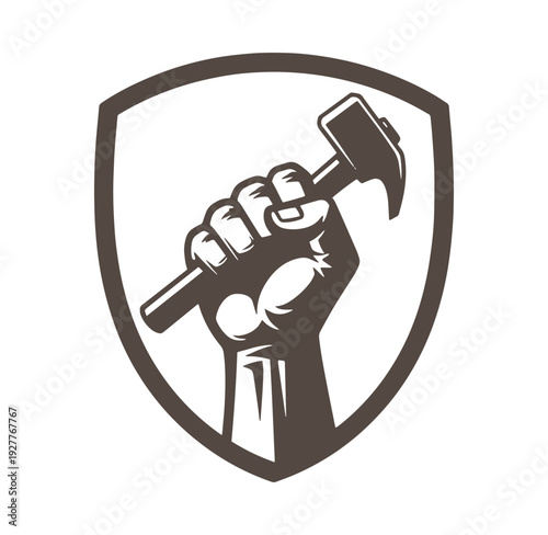 Hand holding hammer in shield emblem symbol  protective gear tool icon