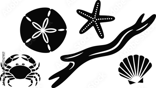 Black vector icons of beach and sea life: crab, starfish, sand dollar, driftwood, and seashell, perfect for coastal themes.