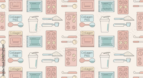 Seamless pattern of collagen supplements, pills, and protein powder in pastel flat design.