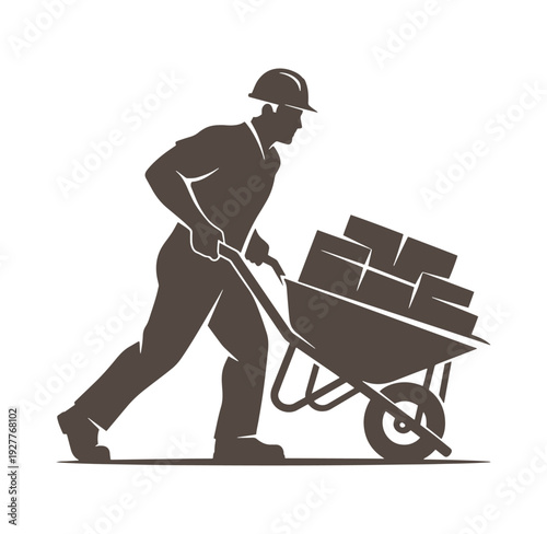Man in hard hat pushing wheelbarrow with bricks on white background
