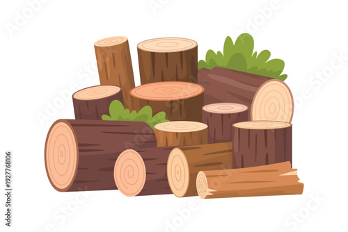 A pile of cut logs and tree trunks with green leaves