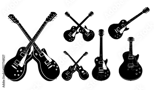 Classic electric guitar silhouettes black vector music instrument symbols isolated on white background