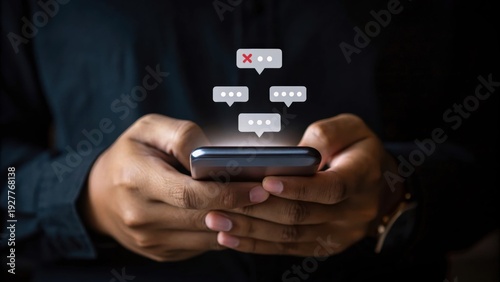 Person holding smartphone with negative social media comments and icons floating above the device.