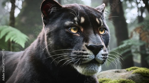 Black Panther Resting in Lush Forest Environment with Green Eyes and Whiskers Close Up