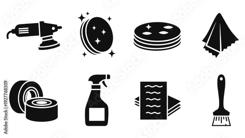 cleaning tools and supplies set hand drawn black silhouette icons for household and professional use