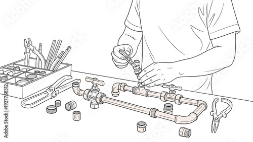 plumber assembling pipes with valve handles hand drawn line art illustration
