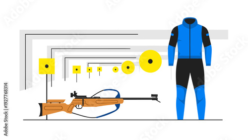 biathlon rifle with shooting targets and athlete in sportswear flat illustration