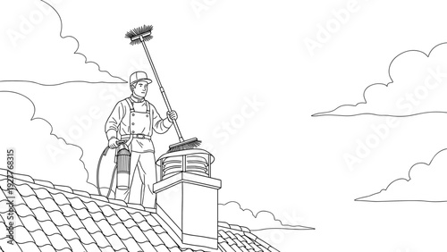 chimney sweep cleaning chimney on tiled roof hand drawn black and white illustration