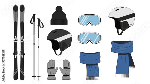set of winter skiing equipment including skis poles helmets goggles gloves scarves and winter hat in hand drawn style