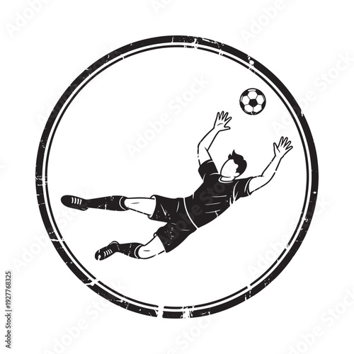 A goalkeeper dives to intercept a soccer ball within a distressed circular frame
