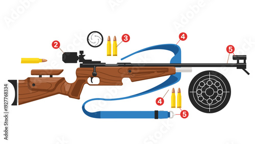 detailed illustration of a hunting rifle with wooden stock bullets and shooting targets in flat style