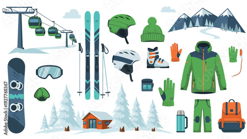 collection of hand drawn winter ski mountain equipment clothing and accessories