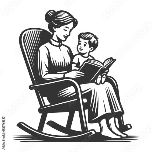 mother sitting in a rocking chair reading a book to her young son, warm family moment sketch engraving generative ai fictional character vector illustration. Scratch board imitation. Black and white.