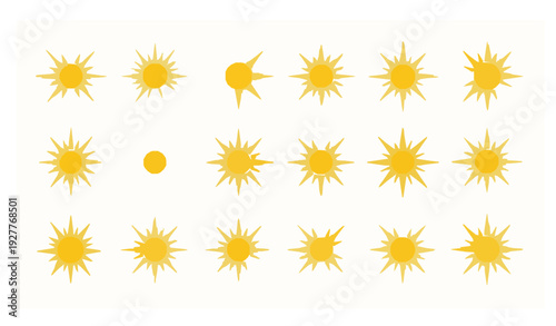 Yellow Sun Star Icon Set Flat Summer Sunlight Vector Collection Isolated on White