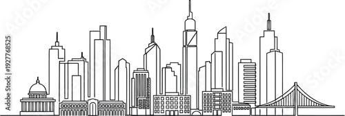 Minimalist line art illustration of a modern city skyline with skyscrapers and a bridge. Vector
